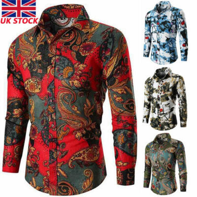 

Fashion Mens Slim Fit Floral Shirt Long Sleeve Cotton Dress Shirts Casual Tops