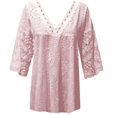 

Women Tie Lace Crochet Shirt Tops Asymmetrical Hem Embroidery Blouse Plus