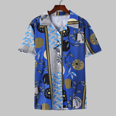 

Tailored Mens Ethnic Printed Stand Collar Colorful Stripe Short Sleeve Loose Shirt