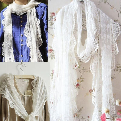 

Women&39s Lady Polyster Embroidery Floral Lace Trim Thin Long Scarf Christmas Gift