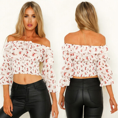 

Nomeni Fashion Women Sexy Print Off Shoulder Lace-up Navel Blouse T-shirt Tops