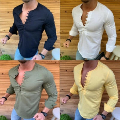 

2019 New Fashion Men&39s Slim Fit V Neck Long Sleeve Muscle Tee T-shirt Casual Button-Down Shirts