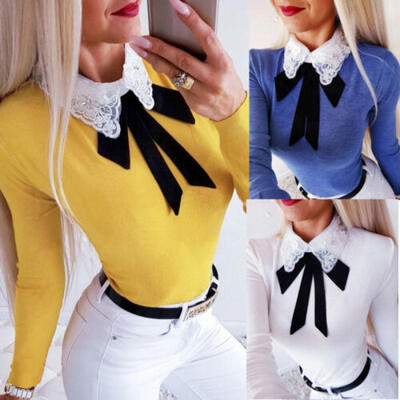 

Women Fashion T-Shirts Slim Lace Bow Tie Long Sleeve Party Blouses t Shirt Tops