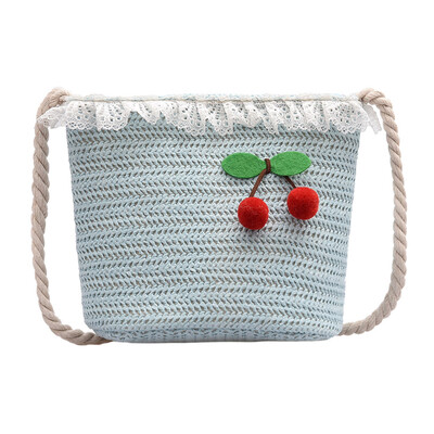 

Women Straw Crossbody Bag Lovely Cherry Lace Bucket Bags Ladies Small Vintage Woven Messenger Shoulder Bag YJ