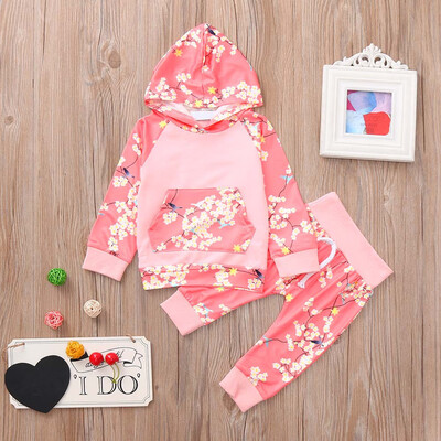 

2Pcs Newborn Infant Baby Boys Girls Floral Print Hooded Tops Pants Outfits Set