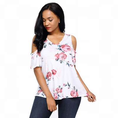 

V-neck short-sleeved floral print knit chic straight T-shirt top