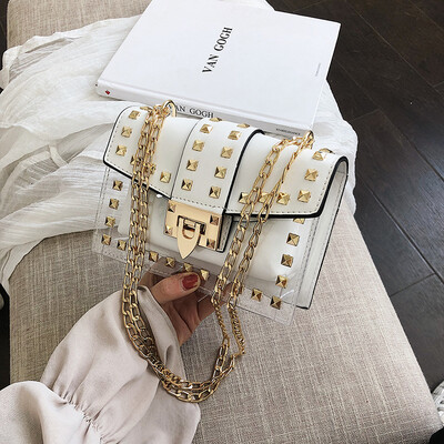 

Small clear Brand Designer Woman 2019 New Fashion Messenger Bag Chains Shoulder Bag Female Rivets Transparent Square PU Handbag