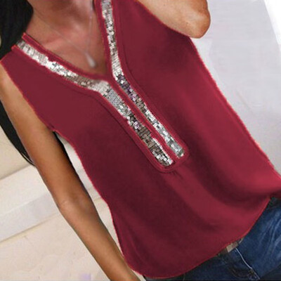

Womens Summer Loose Sleeveless Vest T Shirt Blouse Lady Sequin V Neck Tops Club