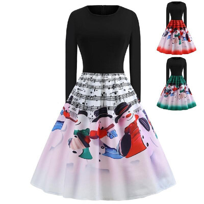 

Cross-border retro womens Christmas large swing skirt round neck long-sleeved musical notes music snowman print dress C0570 green