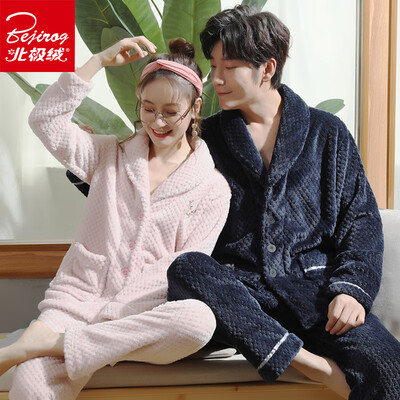 

Arctic velvet Bejirog autumn&winter couple pajamas coral velvet plus velvet thick flannel lapel female large size home service mens long sleeve suit winter 6490 pink XXL