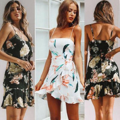 

Frauen Boho Floral Chiffon Sommer Party Abend Strand Short Mini Dress Frauen DHL