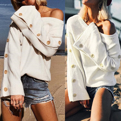

〖Follure〗Womens Flare Long Sleeve Solid Button Off Shoulder Sweater Knitted Tops Blouse