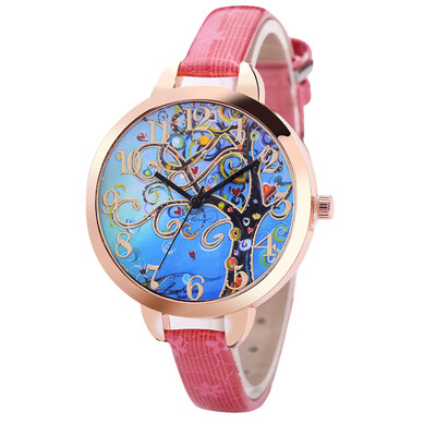

FanTeeDa Casual Women Watches Colorful Tree Leather Analog Quartz Wristwatches Fashion Clock ladies Watch Montre Femme 533