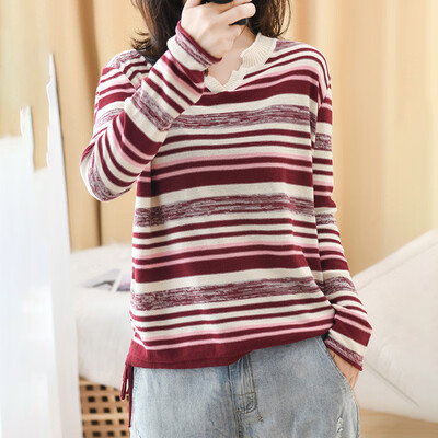 

Womens V-Neck Stripe Pullover Jumper Ladies Long Sleeve Loose Casual Sweater