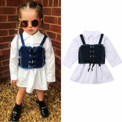 

US Infant Baby Girls Kids Long Sleeve Sling Shirt Denim Skirt Dress Clothes Tops