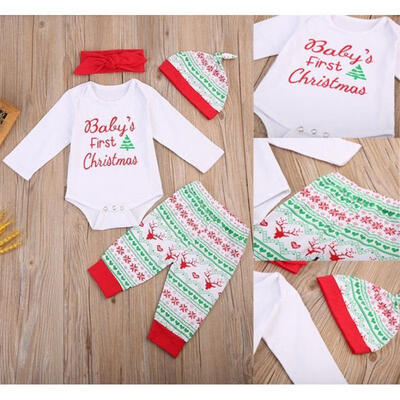 

4pcs Newborn Baby Boy Girl Cotton Romper Pants Hat Headband Outfits Set Clothes