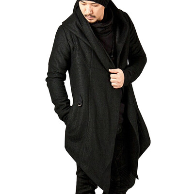 

Mens Open Front Pockets Cardigan Long Sleeve Hooded Irregular Hem Jacket Coat