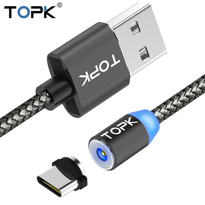 

R-Line1 2M USB Type C Magnetic Cable TOPK R-Line1 Upgraded Reflective Nylon Braided Type-C Cable LED Magnet USB Charging Cable