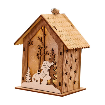 

Christmas Small Wooden House Ornament Led Light Up Xmas Tree Hanging Decoration Glowing Elk Santa Bell Design Mini Wood House