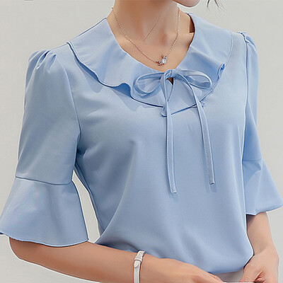 

Starmoon Women Summer Korean Solid Color V Neck Short Sleeve Chiffon Blouse Top