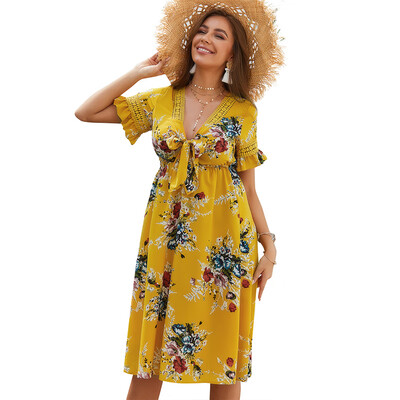 

Women Summer Sweet Flower Printed V Collar Short Sleeve Long Dress All-match Dress