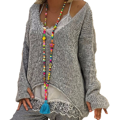 

Plus Size Loose Women Solid Color V Neck Long Sleeve Sweater Irregular Jumper