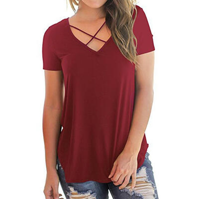 

Women Simple Cross Bandage Sexy T-shirt Pullover Short Sleeve Blouse Tops