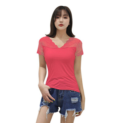 

Women Casual Lace Stitching Simple Slim V-neck Short-Sleeved Bottoming Shirt Wild T-Shirt