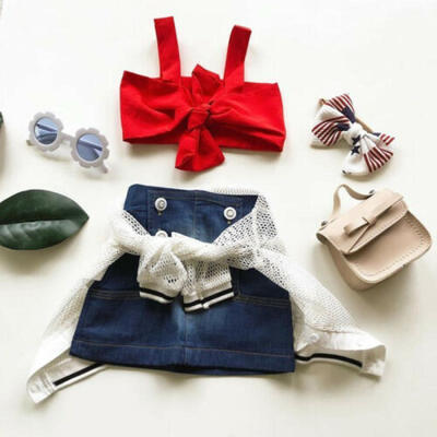 

US 2PCS Toddler Baby Girl Clothes Sleeveless Vest TopsDenim Skirt Outfit Summer