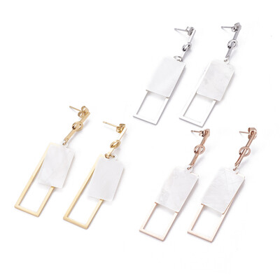 

304 Stainless Steel Dangle Stud Earrings with Shell Rectangle Mixed Color 68mm Pin 08mm