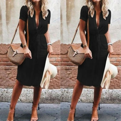 

Women Lady Short Sleeve V-neck Casual Loose Long Shirt Tea Dress Top