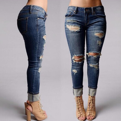 

Tailored Women Mid Waisted Skinny Hole Denim Jeans Stretch Slim Pants Calf Length Jeans