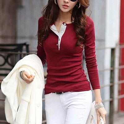 

Womens Korean Casual Tops T-Shirt Ladies V-Neck Loose Top Long Sleeve Blouse