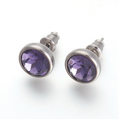 

304 Stainless Steel Stud Earrings with Rhinestone Flat Round Tanzanite 10x6mm Pin 09mm