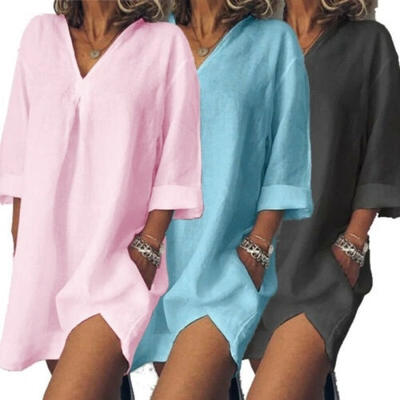 

Women Loose Dresses Cotton Linen Casual Blouse V Neck Long Sleeve Dress Shirts