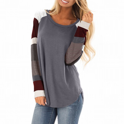 

Round neck long sleeve color block stitching womens T-shirt womens shirt