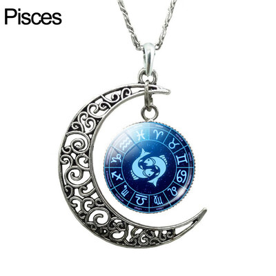 

Unisex Augury Jewelry 12 Constellations Hollow Crescent Moon Faux Gem Necklace