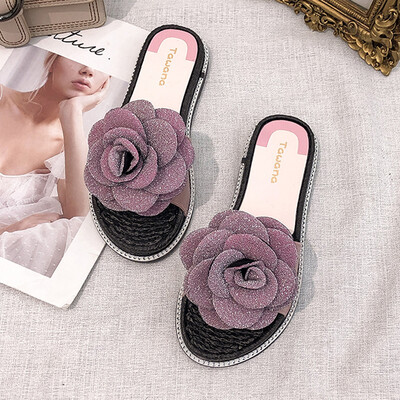 

Korean Flower Slippers Women Wear Thick-soled Sand Slippers Outside of Flat-heeled Flat-soled Anti-skid Fashion in Summer