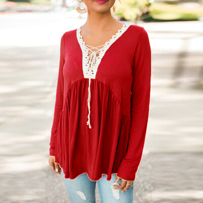 

Nomeni Women Lace V-neck Casual Long Sleeve Ladies Top Blouse Autumn Loose T-Shirt