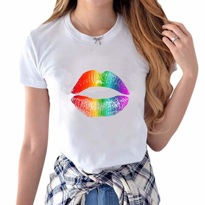 

Nomeni Women Fashion Personality Color Lips Print Short Sleeve Round Neck T-Shirt