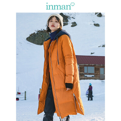 

INMAN 2018 winter new hit color hooded drawstring side open long down jacket female 18831VP21074 ginger yellow