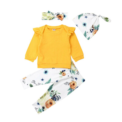 

4PCS Newborn Infant Baby Girls Cotton Tops T-shirt Floral Pants Outfit Clothes