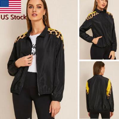 

NEW Women Autumn Leopard Stitching top Zipper Punk Loose Coat Jacket Tops US