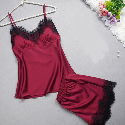 

Toponeto Women Sleepwear Sleeveless Strap Nightwear Lace Trim Satin Cami Top Pajama Sets