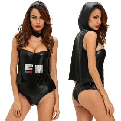 

New Women Halloween Galactic Space Leader Costume Sexy Tube-Top Romper Hooded Velcro Cape Black