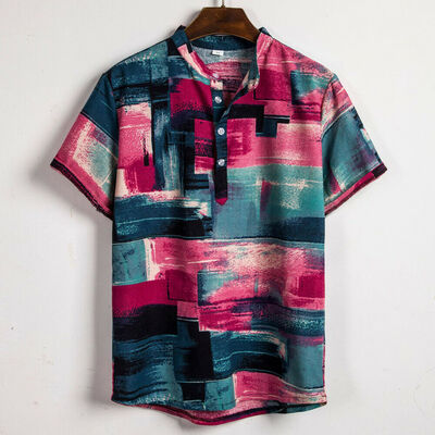 

Mens Linen Short Sleeve Summer Ethnic Shirts Casual Loose Dress Soft Top Tee