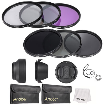 

Andoer 77mm Lens Filter Kit UVCPLFLDNDND2 ND4 ND8 with Carry Pouch Lens Cap Lens Cap Holder Tulip & Rubber Lens Hoods