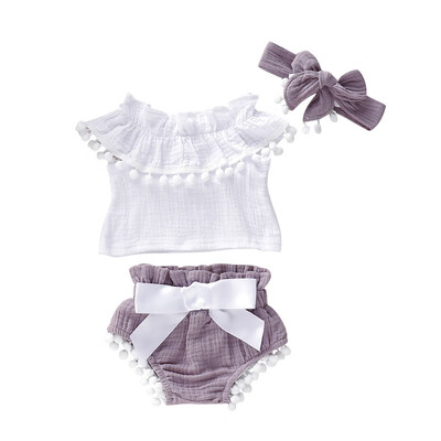 

Summer Baby Girl Outfits Set Sleeveless Ruffle Design Top T-shirtBow PP ShortsHeadband 3 Pcs Infant Clothes