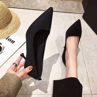 

2019 autumn new flying woven pointed high heels female Europe&America fine with shallow mouth wild solid color high heels