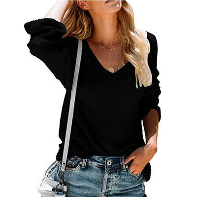 

Women Autumn Fashion Sexy Solid Color All-match Solid Color V-neck Pullover Sweater